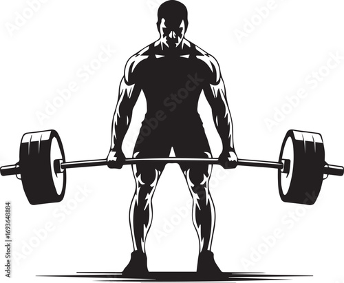 Powerful fitness athlete silhouette performing deadlift exercise with heavy barbell strength training