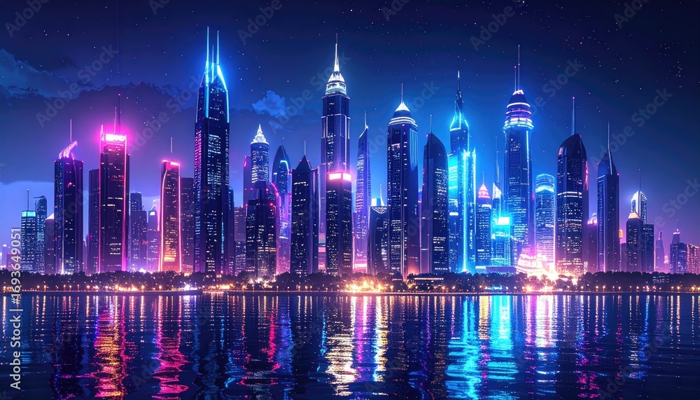 Obraz premium Futuristic cityscape at night, vibrant neon lights reflecting on water