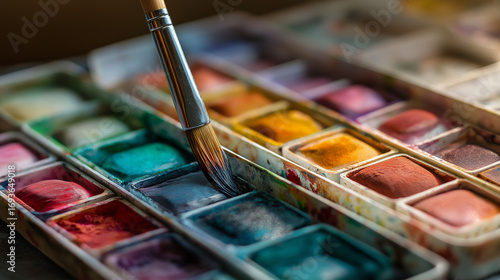 Closeup of a watercolor palette with a brush touching vibrant paint pans