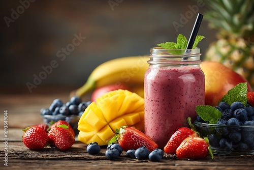 Refreshing berry mango smoothie in glass jar with fresh fruits and mint garnish, perfect for healthy lifestyle content and vibrant advertising.