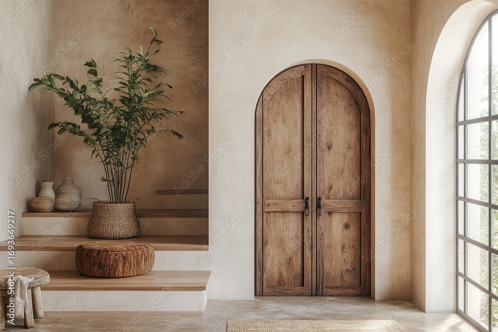Fototapeta premium Wooden cabinet near venetian stucco wall with arched doorway Mediterranean interior design of modern entrance hall with staircase, Generative AI