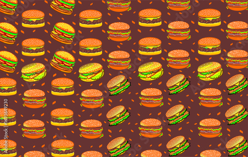 Doodle burger pattern background. Seamless pattern of burger. Doodle cheese burger of hamburger pattern background. Burger pattern. Vector illustration.