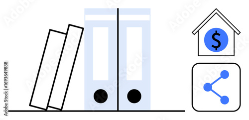 Two upright file folders next to two leaning ones, a dollar symbol within a house, and a sharing network icon. Ideal for finance, organization, networking, teamwork, planning, data management simple