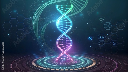 Futuristic DNA Helix Design with Neon Colors and Digital Elements