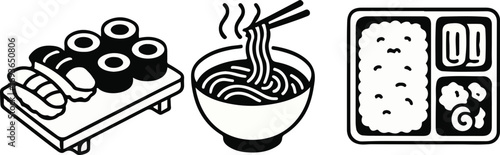 A black and white line art illustration of Japanese cuisine, featuring sushi, ramen, and a bento box.
