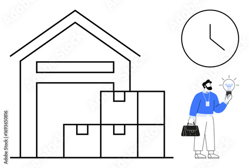 Warehouse structure with boxes at the front, clock in the top right, a person holding a bulb symbolizing ideas. Ideal for logistics, supply chain, creativity, efficiency, time management, innovation