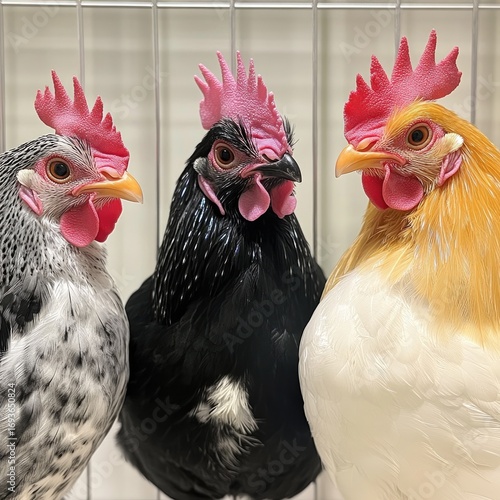 Three poultry birds in a cage.  Close-up of heads and upper bodies.  A speckled gray, a black, and a light-yellow hen.  Pink combs and beaks