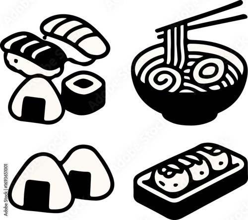 Japanese food icons: sushi, ramen, onigiri, and gyoza.