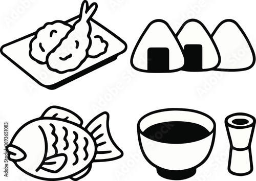 Simple black and white line art illustration of various Japanese food and drink items including tempura, onigiri, taiyaki, and a bowl with a cup.