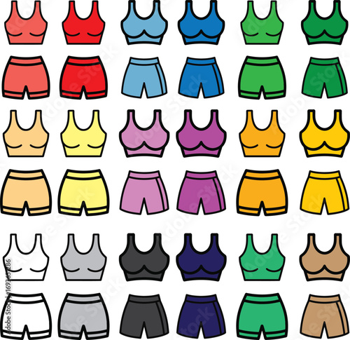 Colorful Women’s Sportswear Icon Set Featuring Sports Bras and Shorts in Multiple Shades for Fitness Fashion, Retail, and Activewear Design Projects