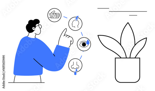 Person pointing at sensory icons of hand, head, eye, nose, and ear, symbolizing senses awareness. Ideal for education, health, biology sensory learning mindfulness wellness simple flat metaphor