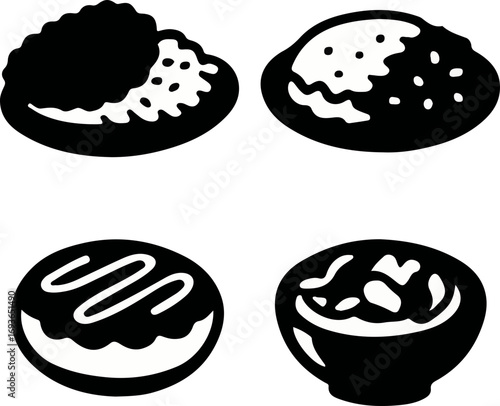A graphic illustration featuring four distinct food items, including rice dishes, a pastry, and a bowl of stew, rendered in a black and white silhouette style.