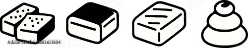 A set of four isometric icons representing different food items, including two sugar cubes, a sushi roll, a grilled food item, and a snowman-shaped dessert.