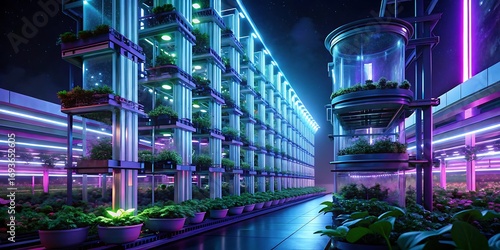 Futuristic Vertical Farm with Glowing Lights and Plants Growing in a Controlled Environment.