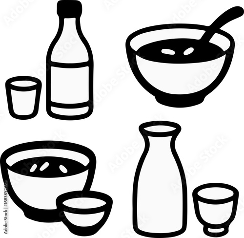 Black and white line art illustration of traditional Japanese sake bottles, cups, and bowls of food.