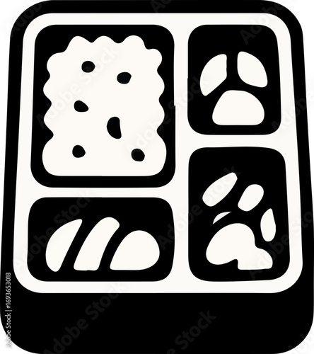 A stylized black and white icon of a compartmentalized food tray, featuring rice and animal paw prints.