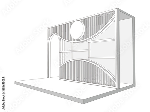 3d stand booth backdrop photo wall of fame 4x2 m with blank space logo company for preview event exhibition. Vector editable sketch outline drawing coloring.