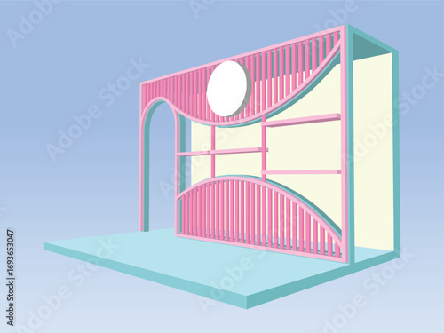3d stand booth backdrop photo wall of fame 4x2 m with blank space logo company for preview event exhibition. Vector editable sketch outline drawing coloring.