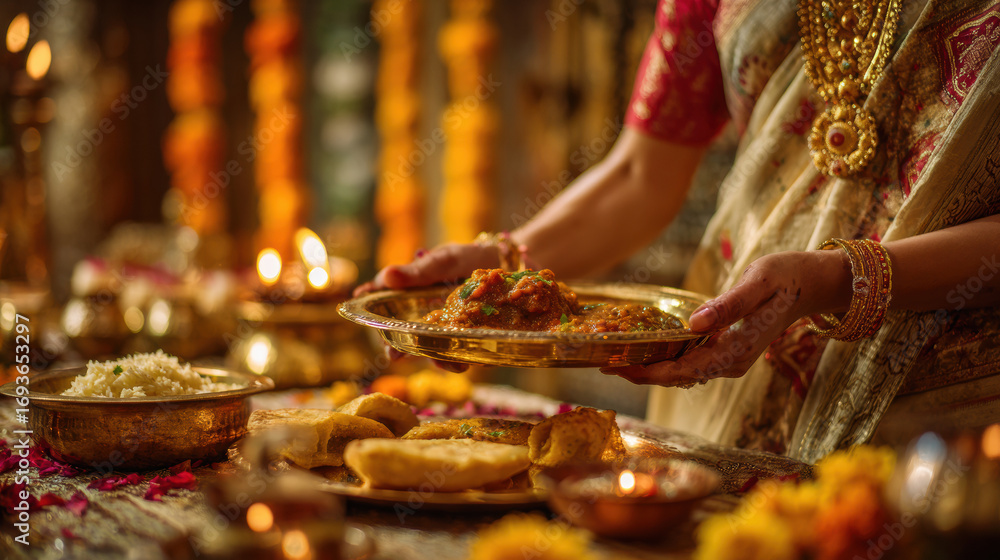 Obraz premium Bengali Woman Serving Labra Curry at Puja