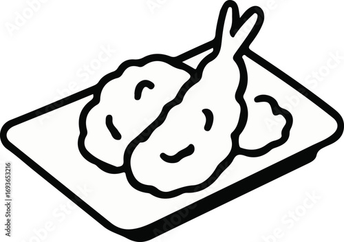 A simple line drawing of two pieces of tempura, one shrimp and one vegetable, served on a rectangular plate.