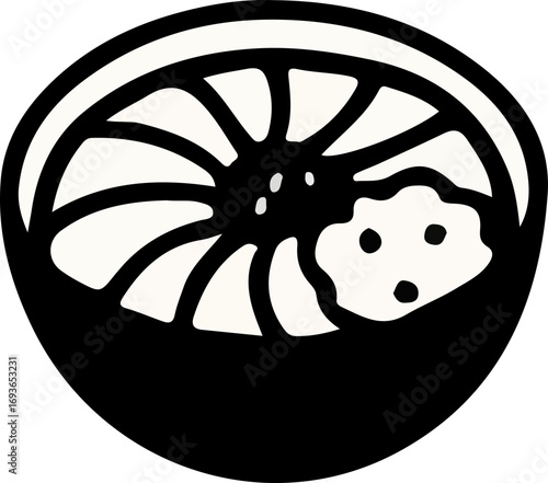 Simple black and white illustration of a bowl of ramen or noodle soup with toppings.