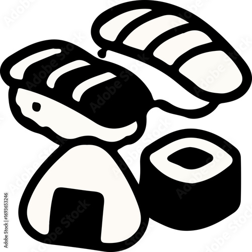 A simple black and white cartoon illustration featuring various Japanese food items like nigiri sushi, a sushi roll, and an onigiri.