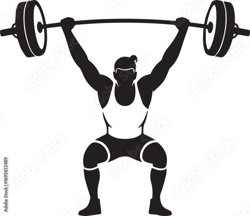 Powerful fitness athlete silhouette performing a heavy barbell weightlifting exercise dynamic strength movement