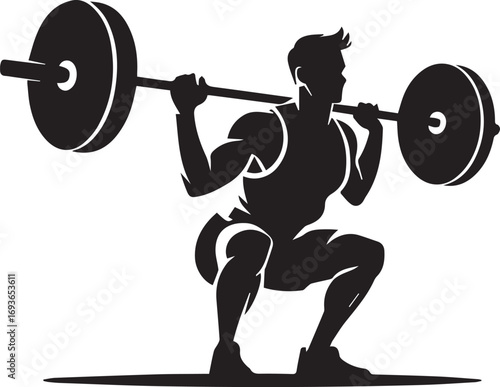 Muscular fitness athlete silhouetted performing a heavy barbell squat exercise in gym