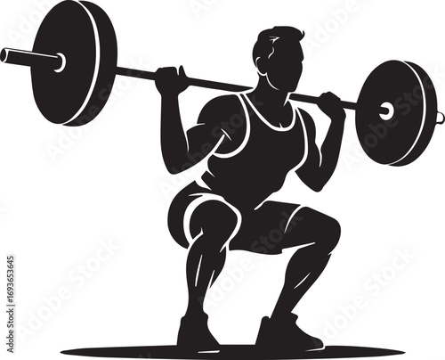 Silhouette of fit athlete performing a powerful barbell squat for strength training and fitness