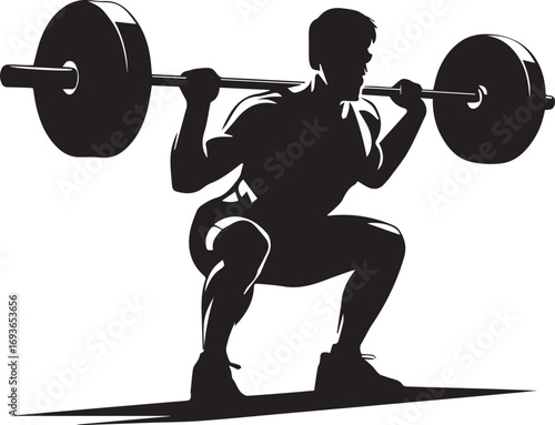 Silhouette of a fit athlete performing a barbell squat lifting weights for intense workout