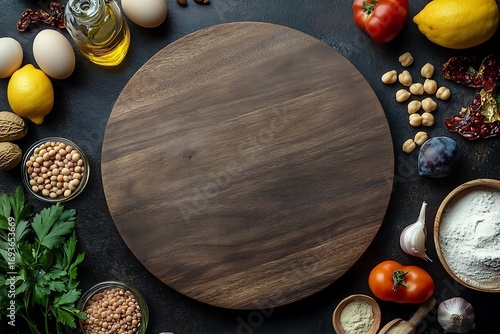 Round wood cutting board surrounded by various fresh ingredients on a dark background