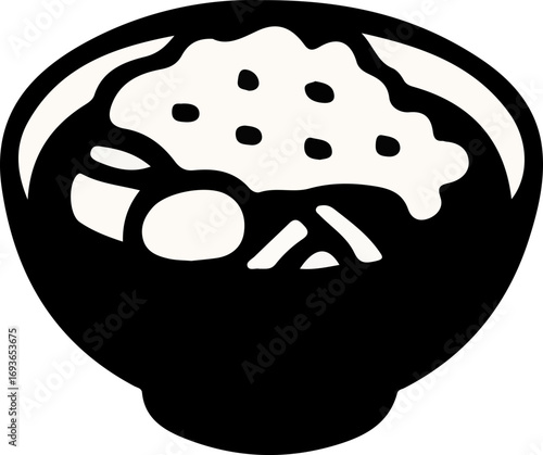 A simple black and white illustration of a bowl filled with food, possibly rice with various ingredients.