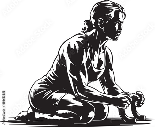 Strong muscular fitness athlete woman kneeling holding weight demonstrating strength and dedication