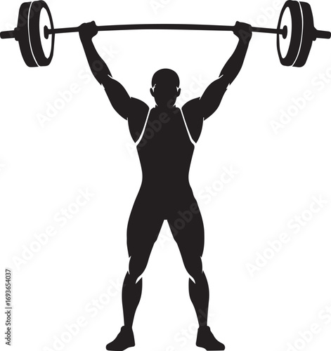 Muscular fitness athlete silhouette lifting heavy barbell overhead demonstrating strength and power