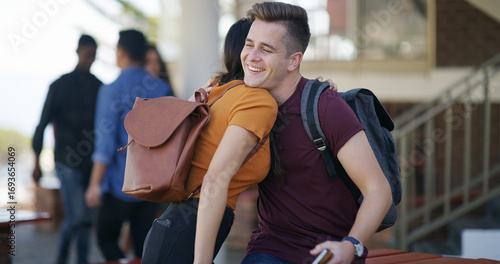 Hug, student and people in campus with bag, bonding and learning in support system. Education, scholarship and academic in university with backpack, team or peer connection in friendly embrace.