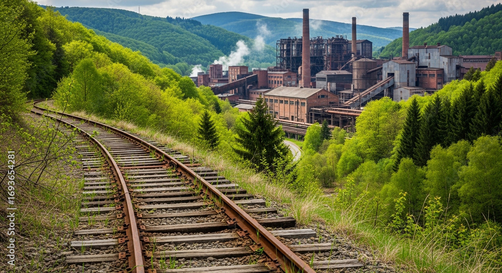 Obraz premium Old railway tracks curve towards a sprawling industrial complex nestled in lush green hills