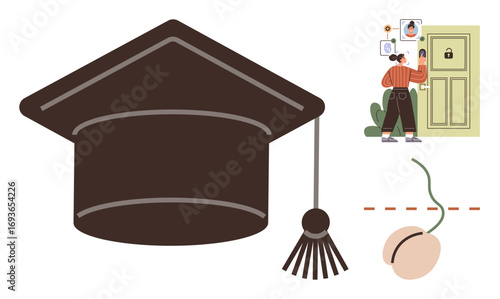 Graduation cap, locked door with keypad, sprout emerging from soil. Ideal for education, achievement, growth, opportunity, access progress security. Simple flat metaphor