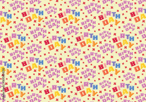 Seamless birthday pattern in retro cartoon style. Party decor with confetti, flowers and inscriptions. Parties, gifts, greetings, happy holiday card. party decoration, making party paper, packaging.