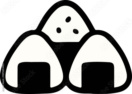Three Japanese onigiri rice balls, black outline, white filled, with a pile of rice on top.