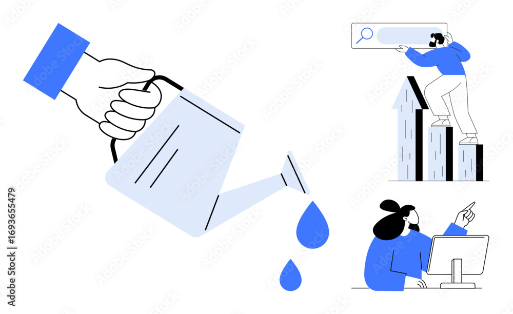 custom made wallpaper toronto digitalWatering can pouring droplets, worker searching on a bar graph, team analyzing data. Ideal for growth, teamwork, strategy, innovation, success, personal development collaboration simple flat