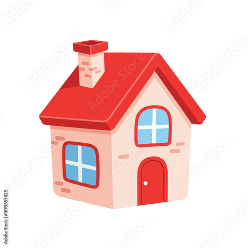 A charming isolated cartoon house with a vibrant red roof is depicted in a simple 2D flat vector illustration style against a clean white background, perfect for various graphic applications.