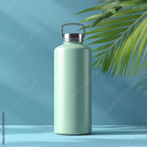 Light mint green insulated water bottle with handle on a blue surface, tropical foliage backdrop