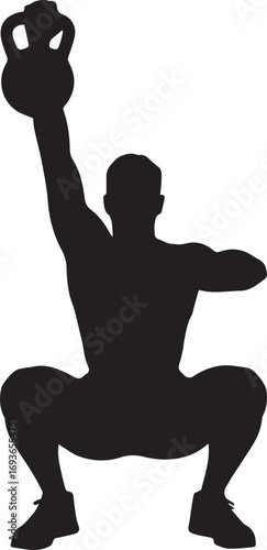 Fit athlete silhouette performing kettlebell squat exercise for strength training and fitness