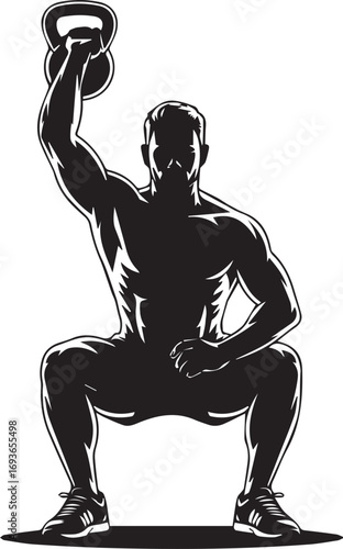 Fitness athlete silhouette performing kettlebell squat exercise dynamic action shot