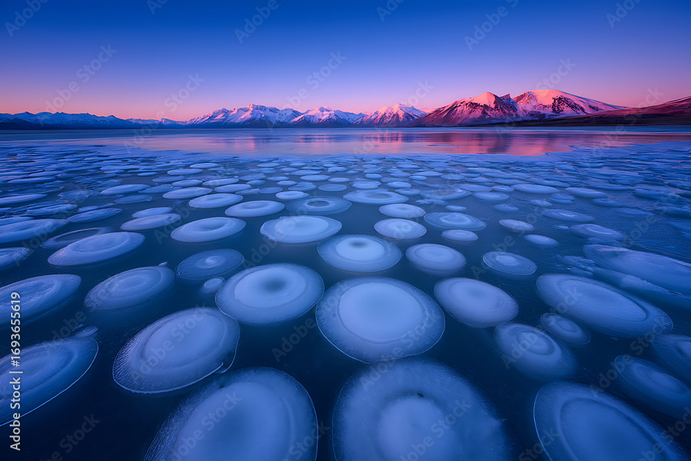 Obraz premium Round ice circles form on a frozen lake with snow covered mountains reflecting at sunset.