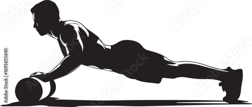 Fitness athlete silhouette performing abdominal rollout exercise with roller