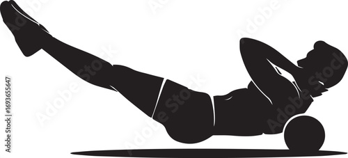 Fitness athlete silhouette exercising core strength with foam roller on mat