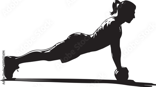 Dynamic fitness silhouette athletic woman performing plank exercise with medicine ball strength training