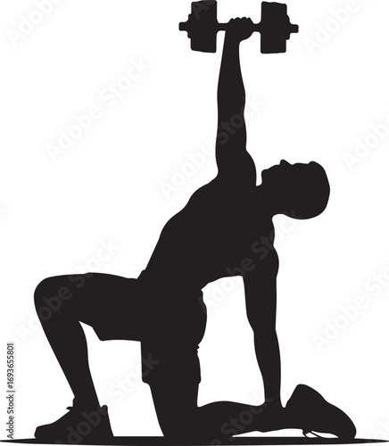 Dynamic fitness silhouette athlete performing dumbbell exercise workout training intense strength