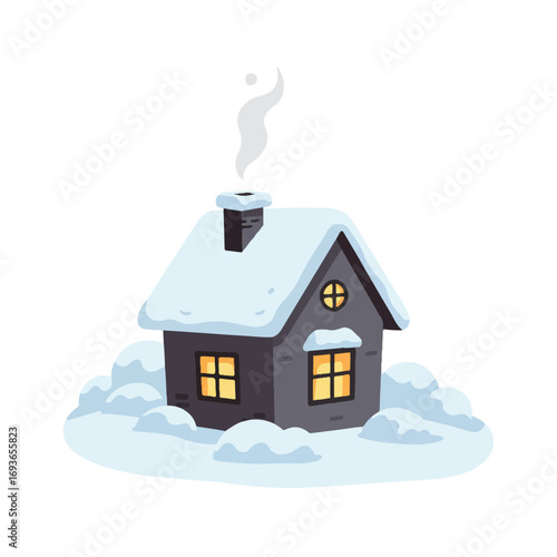 A charming isolated 2D flat vector illustration depicts a cozy snowy winter house with a red roof on a clean, plain white background, perfect for a minimalist seasonal scene.